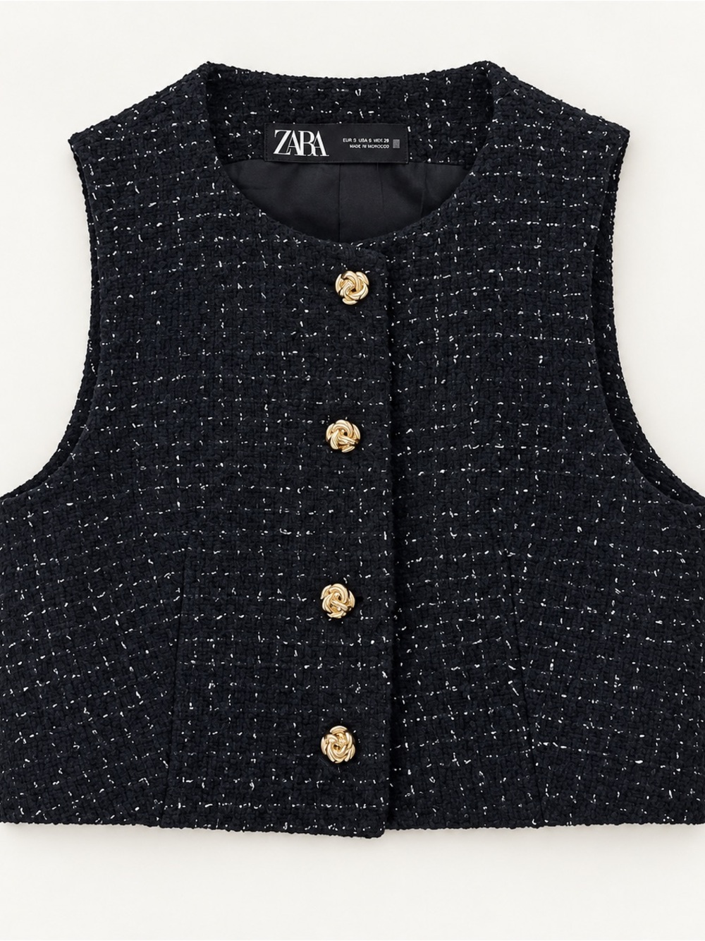 Zara Short Textured Waistcoat Black Metallic Gold Buttons Size Medium
